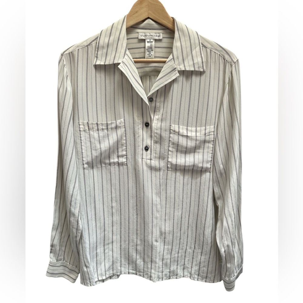 Evan Picone Silk Striped Long Sleeve Button Down Shirt Minimalist Neutral Sz 10